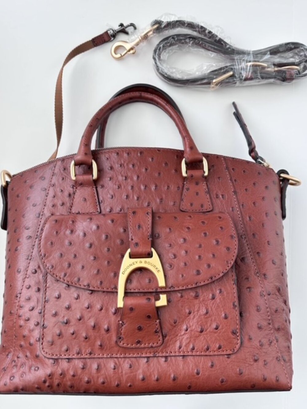 Dooney & Bourke Ostrich Embossed Leather Domed Satchel | Cognac | New with Tags - Picture 7 of 15